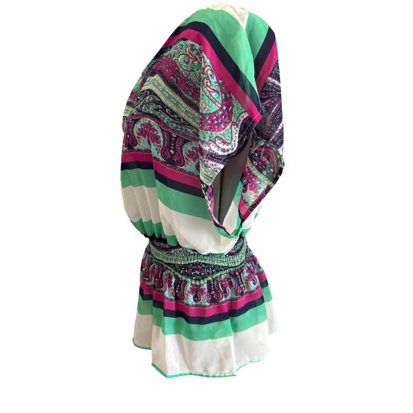 Womens Connection 18 Paisley Print Top M Multicolor Smocked Waist Short Sleeve - Picture 2 of 7